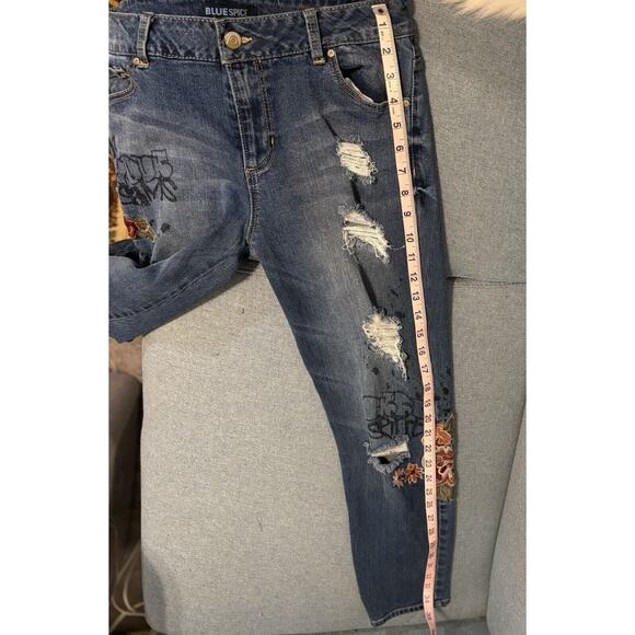 Blue Spice Womens 11 Jeans Embroidered Painted Straight Peace Distressed - Picture 13 of 15